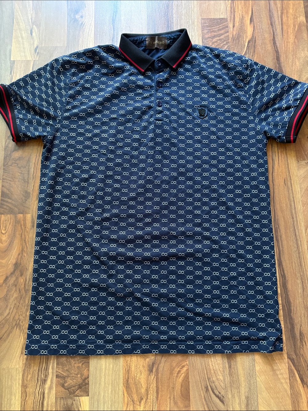 Moderno Men’s Navy Short-Sleeve Polo with Red-Trim Collar Size L